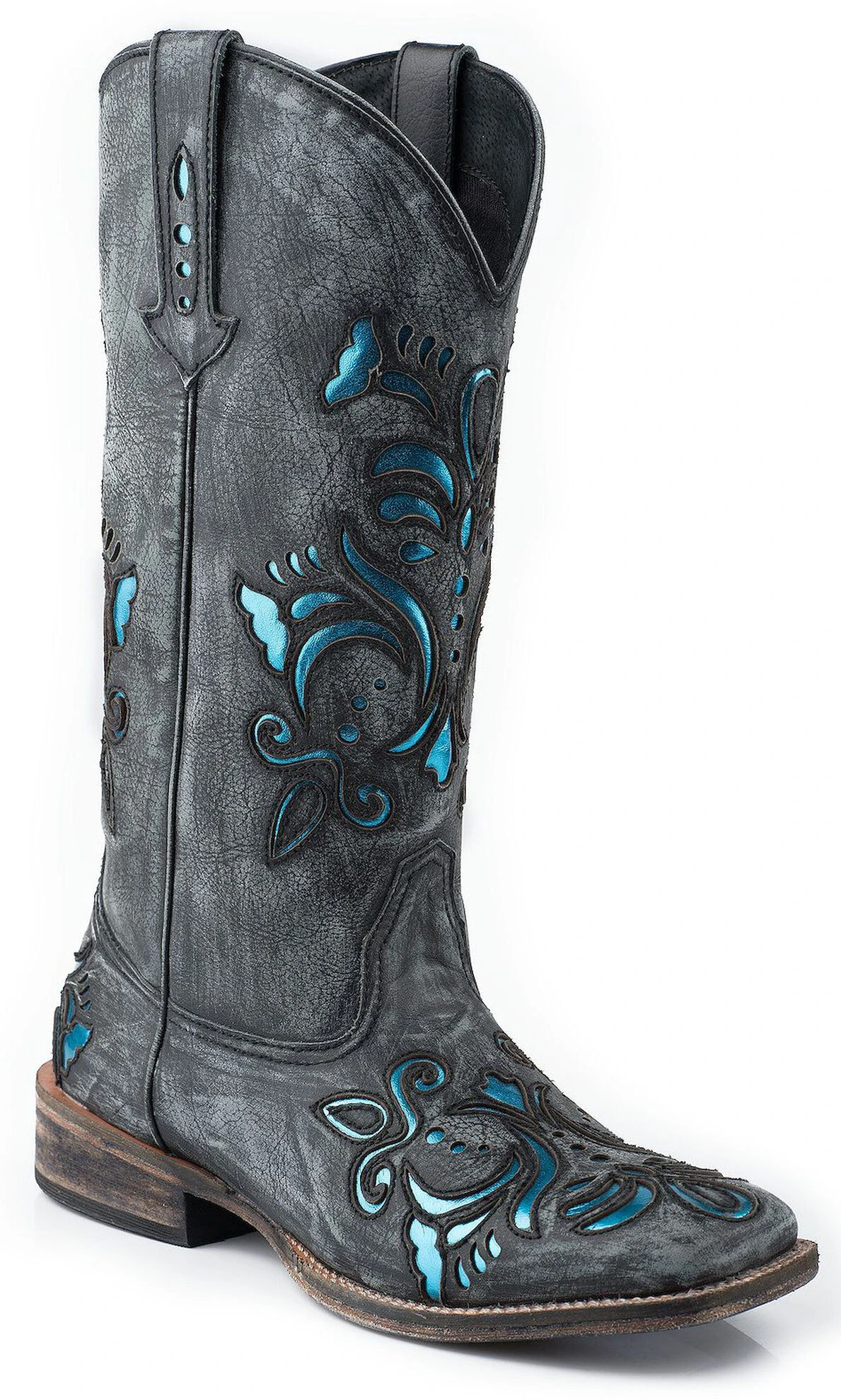 Roper Women's Shiny Turquoise Inlay Western Boots - Broad Square Toe 1 Roper Women's Shiny Turquoise Inlay Western Boots - Broad Square Toe