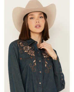 Scully Women's Rose Embroidered Denim Long Sleeve Pearl Snap Western Shirt -Modern Fashion Sales 2000243849 400 P2