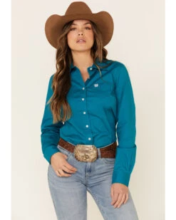 Cinch Women's Teal Solid Button Front Long Sleeve Western Shirt -Modern Fashion Sales 2000330809 442 P1
