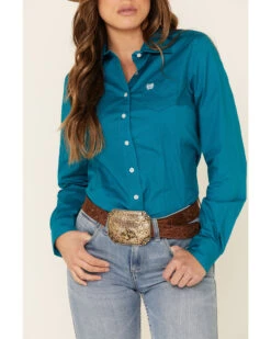 Cinch Women's Teal Solid Button Front Long Sleeve Western Shirt -Modern Fashion Sales 2000330809 442 P3