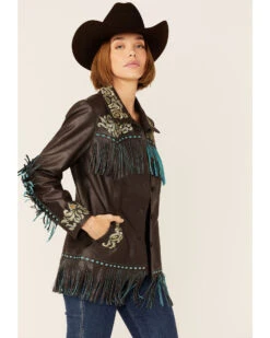 Scully Women's Brown & Turquoise Embroidered Yoke & Fringe Suede Leather Jacket 6 Scully Women's Brown & Turquoise Embroidered Yoke & Fringe Suede Leather Jacket -Modern Fashion Sales 2000348622 200 P1
