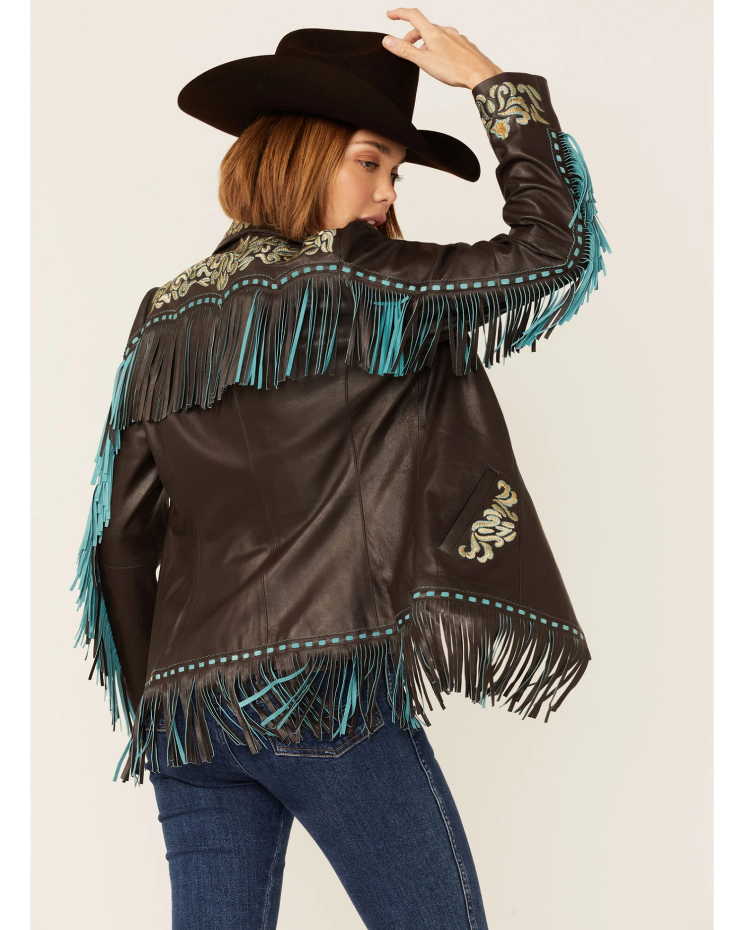 Scully Women's Brown & Turquoise Embroidered Yoke & Fringe Suede Leather Jacket 1 Scully Women's Brown & Turquoise Embroidered Yoke & Fringe Suede Leather Jacket