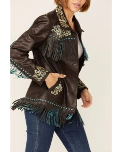 Scully Women's Brown & Turquoise Embroidered Yoke & Fringe Suede Leather Jacket 7 Scully Women's Brown & Turquoise Embroidered Yoke & Fringe Suede Leather Jacket -Modern Fashion Sales 2000348622 200 P3