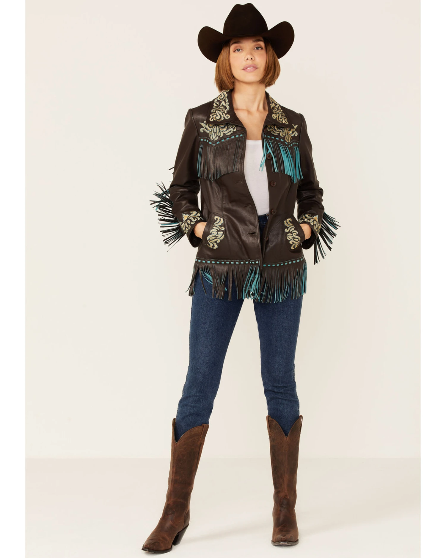 Scully Women's Brown & Turquoise Embroidered Yoke & Fringe Suede Leather Jacket 2 Scully Women's Brown & Turquoise Embroidered Yoke & Fringe Suede Leather Jacket - Image 2