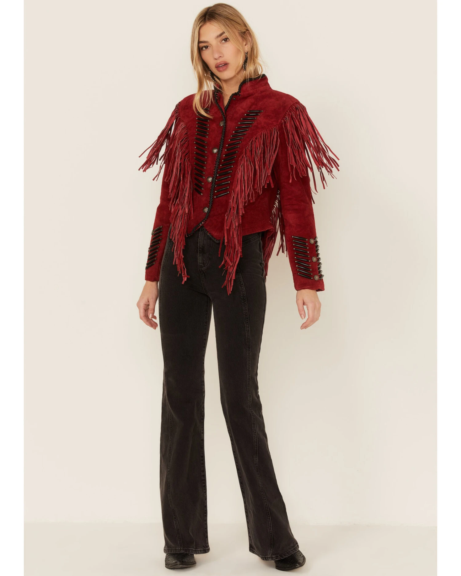 Cripple Creek Women's Beaded Suede Fringe Black Bones Military Jacket 1 Cripple Creek Women's Beaded Suede Fringe Black Bones Military Jacket