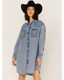 Wrangler Women's Medium Wash Denim Long Sleeve Western Snap Shirtdress -Modern Fashion Sales 2000358013 400 P1