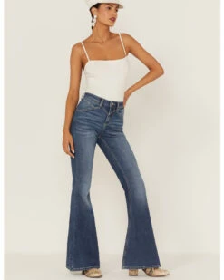 Shyanne Women's Medium Dark Wash High Rise Seam Detail Flare Jeans