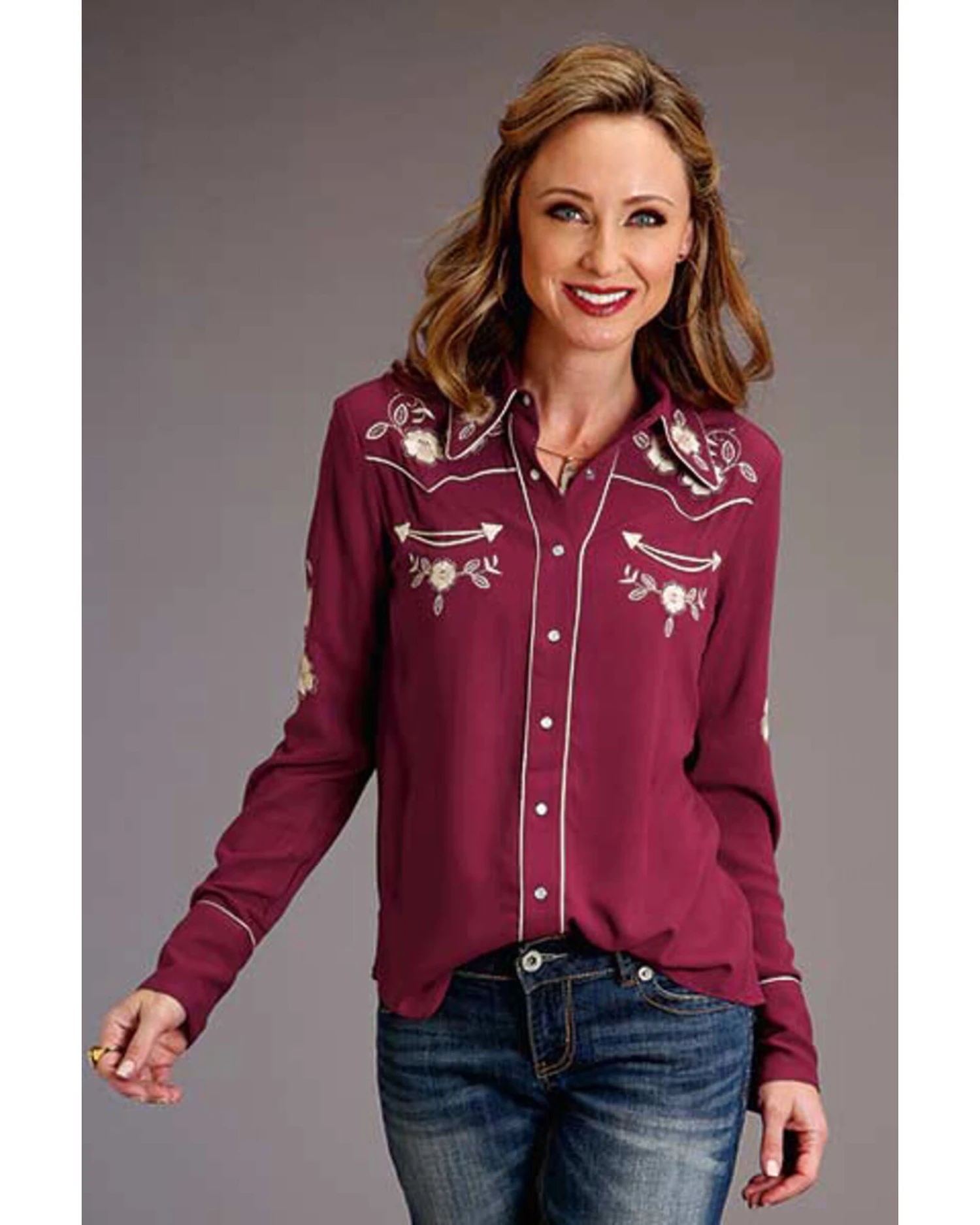 Stetson Women's Rayon Crepe Embroidered Long Sleeve Pearl Snap Western Shirt 2 Stetson Women's Rayon Crepe Embroidered Long Sleeve Pearl Snap Western Shirt - Image 2