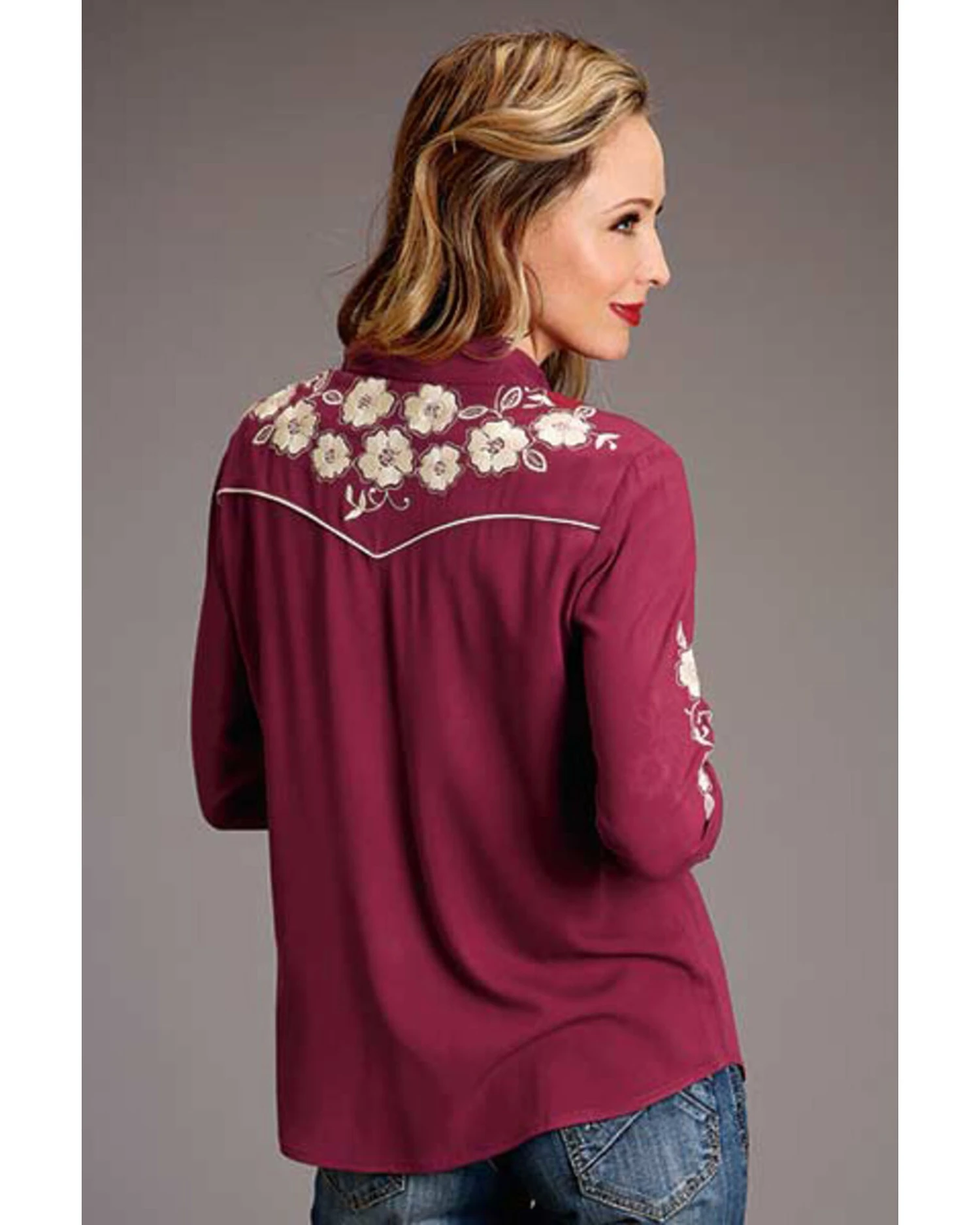 Stetson Women's Rayon Crepe Embroidered Long Sleeve Pearl Snap Western Shirt 1 Stetson Women's Rayon Crepe Embroidered Long Sleeve Pearl Snap Western Shirt