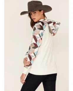 Hooey Women's Modern Colorblock Geo Print Pullover Hooded Sweater