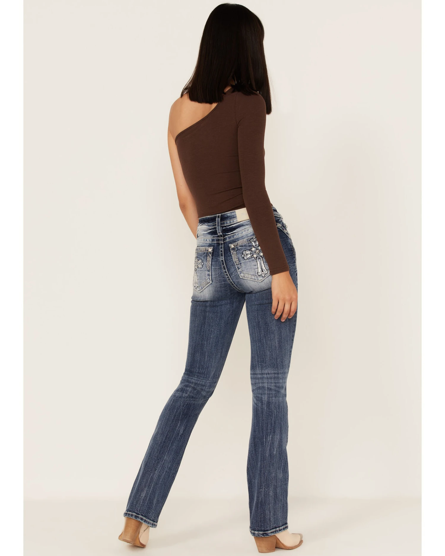 Miss Me Women's Dark Wash Mid Rise Puff Cross Tonal Denim Bootcut Jeans 3 Miss Me Women's Dark Wash Mid Rise Puff Cross Tonal Denim Bootcut Jeans - Image 3