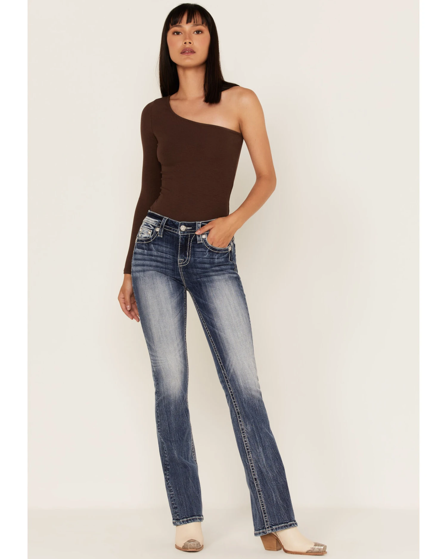 Miss Me Women's Dark Wash Mid Rise Puff Cross Tonal Denim Bootcut Jeans 2 Miss Me Women's Dark Wash Mid Rise Puff Cross Tonal Denim Bootcut Jeans - Image 2