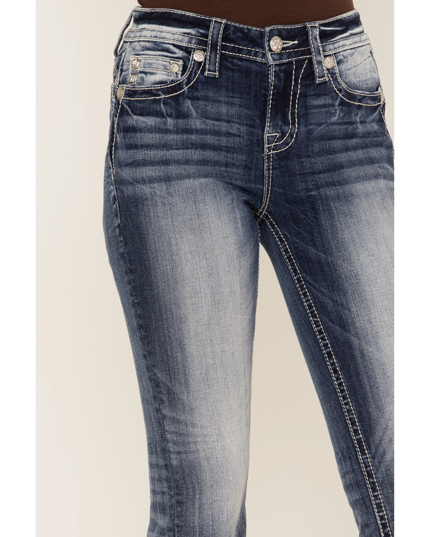 Miss Me Women's Dark Wash Mid Rise Puff Cross Tonal Denim Bootcut Jeans 4 Miss Me Women's Dark Wash Mid Rise Puff Cross Tonal Denim Bootcut Jeans - Image 4