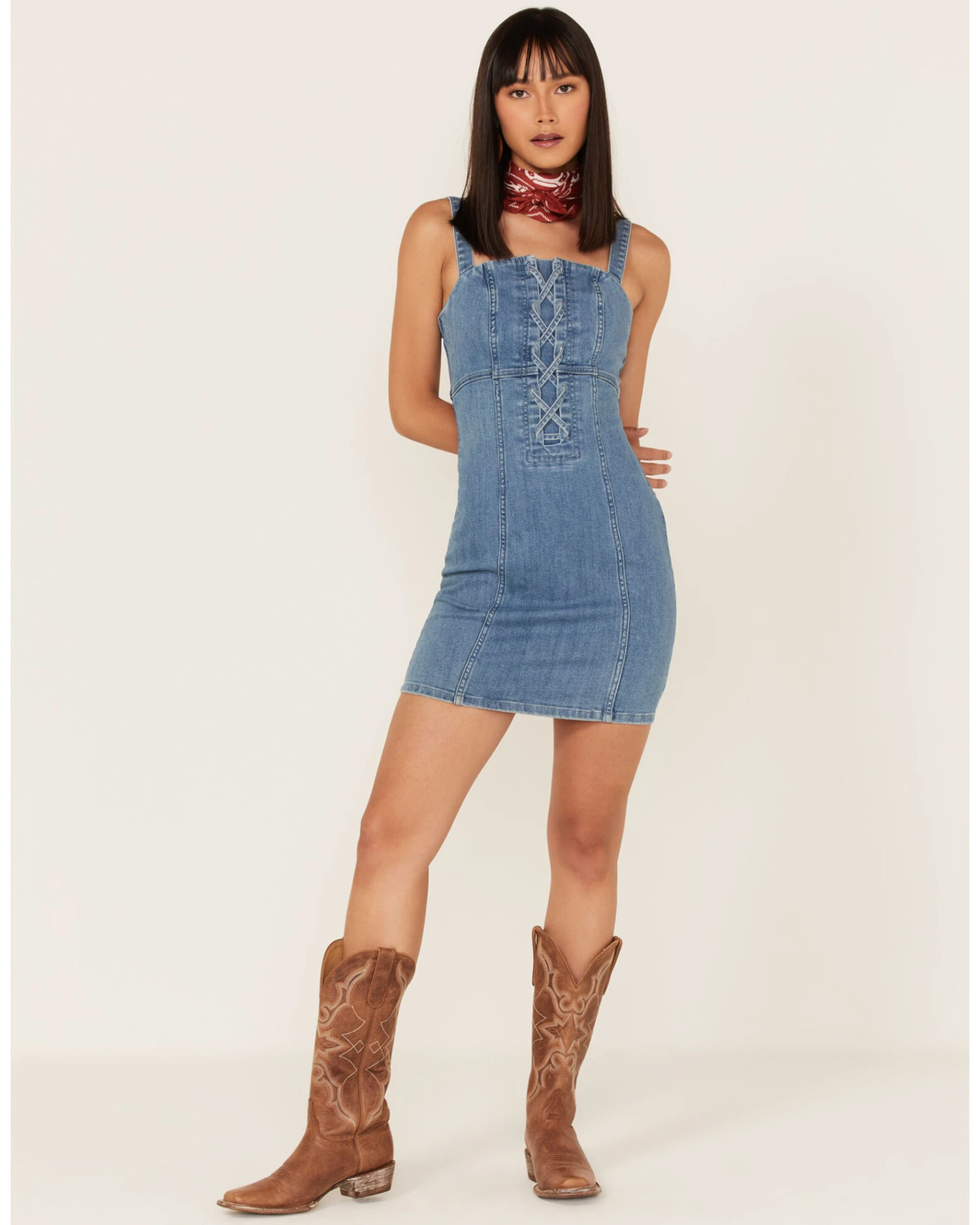 Shyanne Women's Light Wash Lace-Up Denim Mini Dress 4 Shyanne Women's Light Wash Lace-Up Denim Mini Dress - Image 4