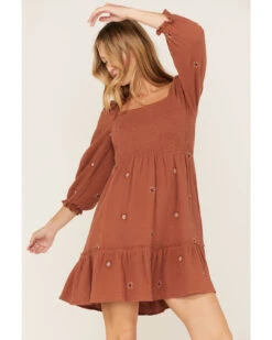 Jolt Women's Embroidered Floral Long Sleeve Smocked Dress