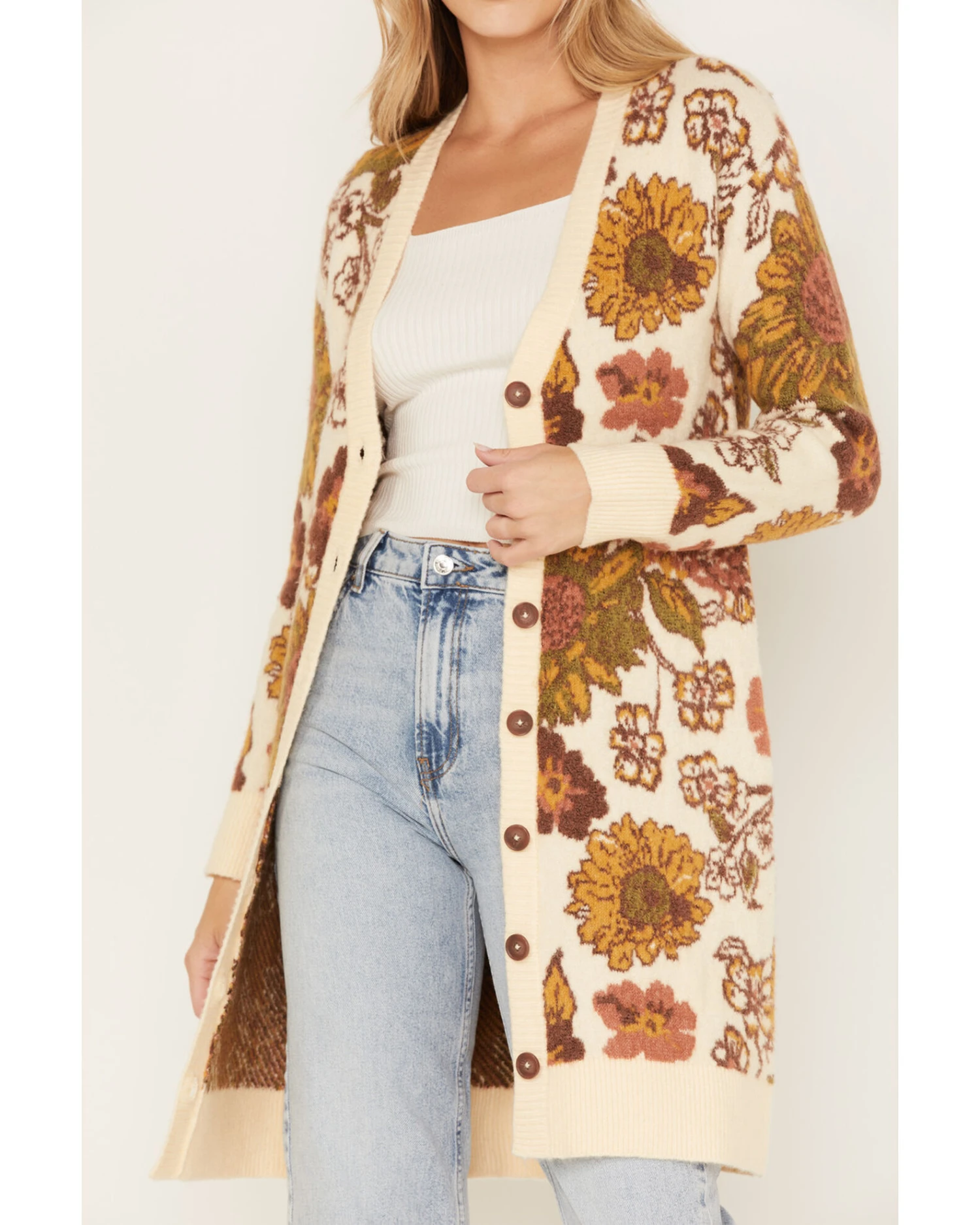 Cleo + Wolf Women's Floral Knit Jacquard Long Cardigan Sweater 2 Cleo + Wolf Women's Floral Knit Jacquard Long Cardigan Sweater - Image 2