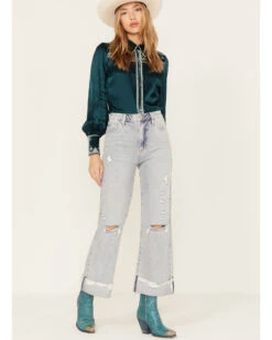 Ceros Women's Light Wash High Rise Distressed Wide Jeans -Modern Fashion Sales 2000379285 400 P1