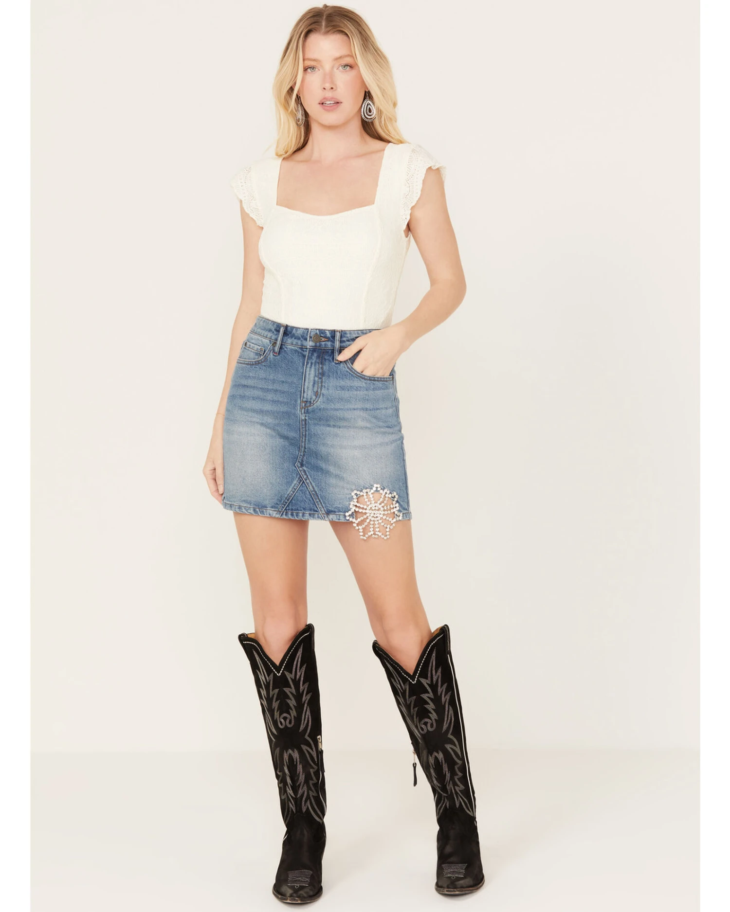 Idyllwind Women's Baryywood High Rise Denim Rhinestone Skirt 2 Idyllwind Women's Baryywood High Rise Denim Rhinestone Skirt - Image 2