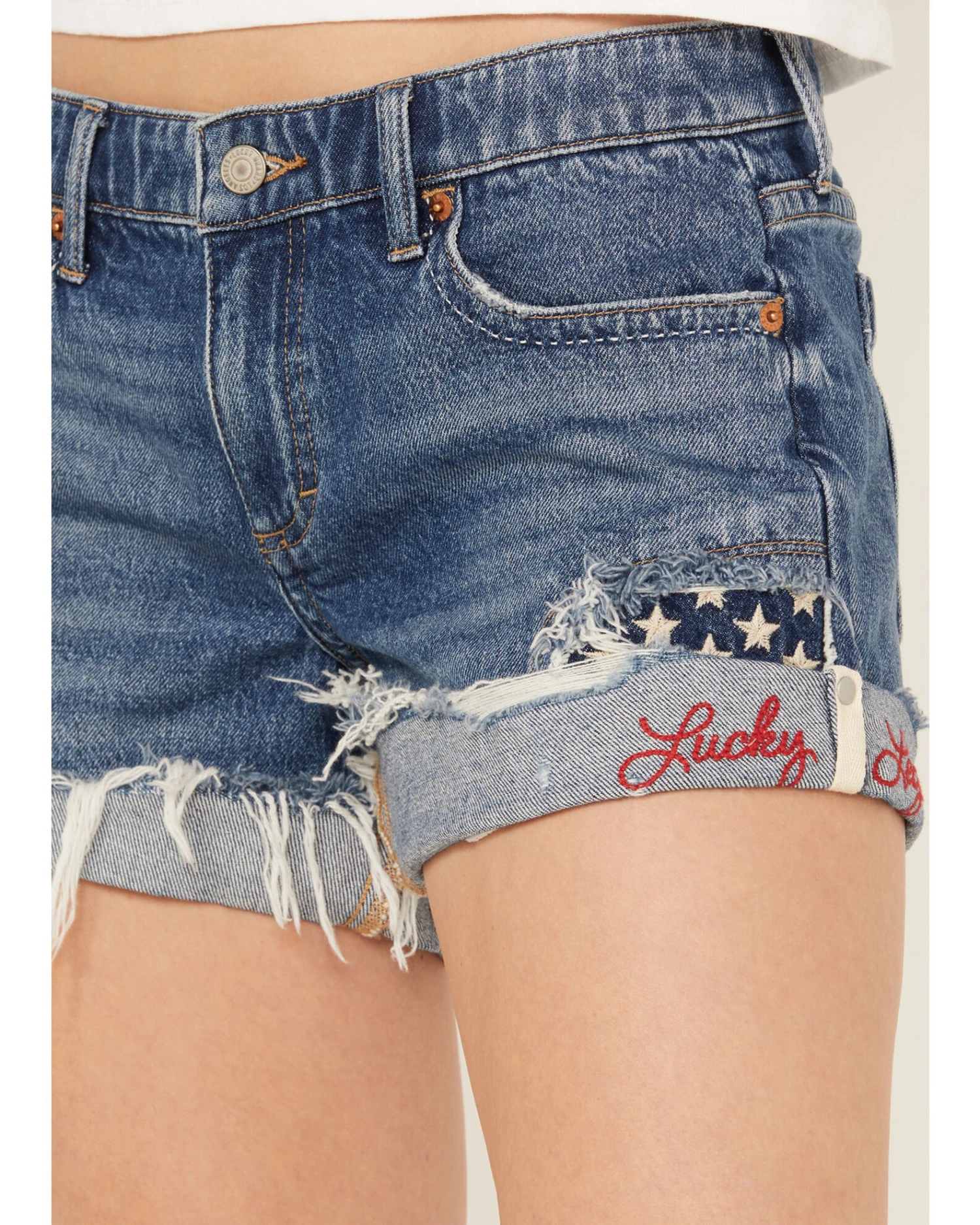 Lucky Brand Women's Medium Wash Seeing Stars Low Rise Distressed Shorts 1 Lucky Brand Women's Medium Wash Seeing Stars Low Rise Distressed Shorts