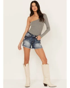 Miss Me Women's Dark Wash High Rise Star Paisley Patch Print Frayed Shorts -Modern Fashion Sales 2000388609 401 P1