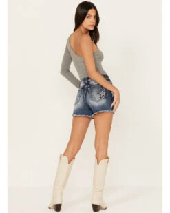 Miss Me Women's Dark Wash High Rise Star Paisley Patch Print Frayed Shorts -Modern Fashion Sales 2000388609 401 P3