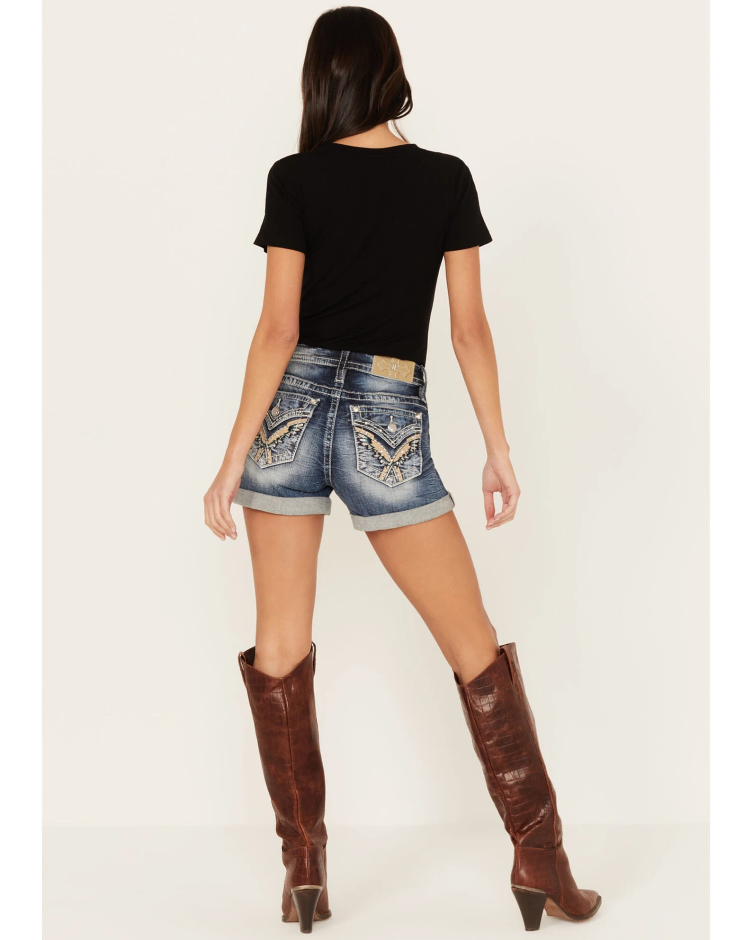 Miss Me Women's Dark Wash Mid Rise Wing Feather Double Roll Hem Shorts 4 Miss Me Women's Dark Wash Mid Rise Wing Feather Double Roll Hem Shorts - Image 4