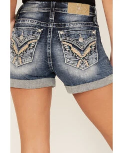Miss Me Women's Dark Wash Mid Rise Wing Feather Double Roll Hem Shorts 6 Miss Me Women's Dark Wash Mid Rise Wing Feather Double Roll Hem Shorts -Modern Fashion Sales 2000388618 401 P2