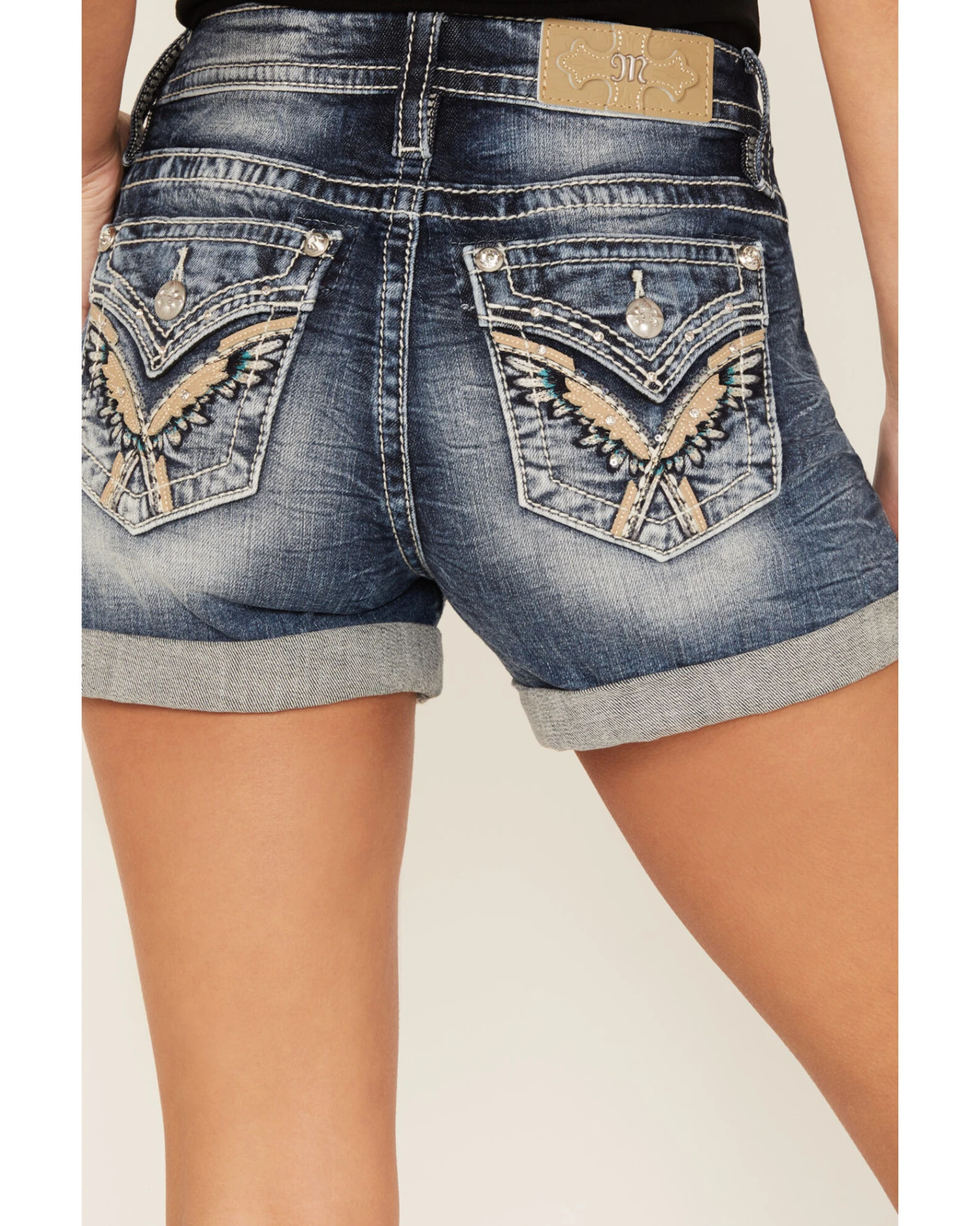 Miss Me Women's Dark Wash Mid Rise Wing Feather Double Roll Hem Shorts 3 Miss Me Women's Dark Wash Mid Rise Wing Feather Double Roll Hem Shorts - Image 3