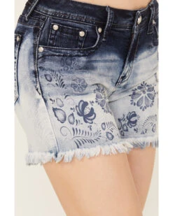 Grace In LA Women's Medium Wash Mid Rise Two Toned Floral Frayed Hem Denim Shorts -Modern Fashion Sales 2000388998 400 P2