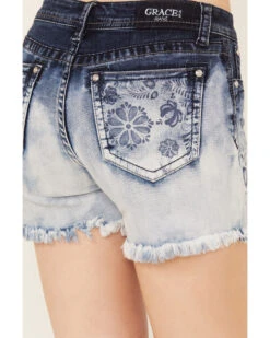 Grace In LA Women's Medium Wash Mid Rise Two Toned Floral Frayed Hem Denim Shorts -Modern Fashion Sales 2000388998 400 P4