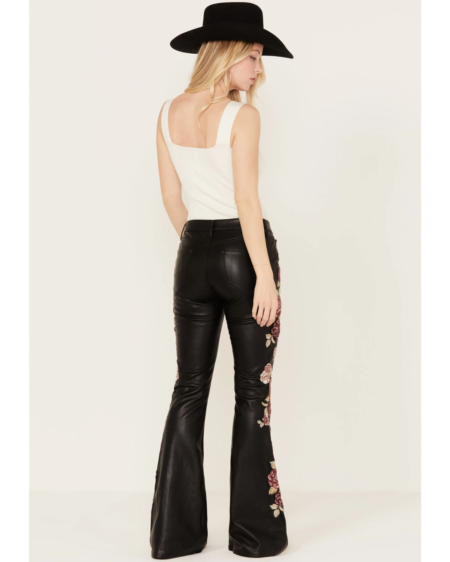 Driftwood Women's High Rise Vegan Leather Fallen Roses Flare Pants 1 Driftwood Women's High Rise Vegan Leather Fallen Roses Flare Pants